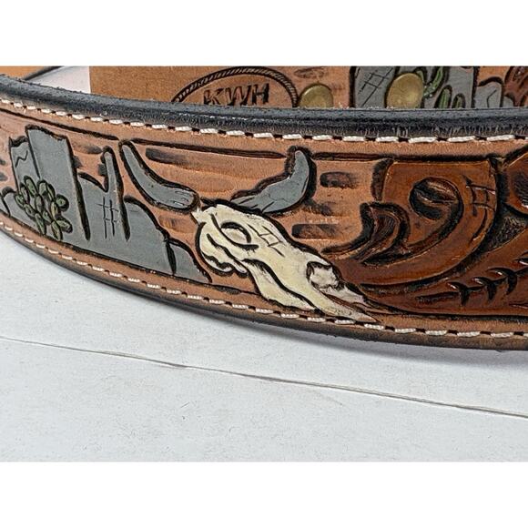 KWH Southwestern Design custom handmade tooled leather belt - Picture 3 of 9